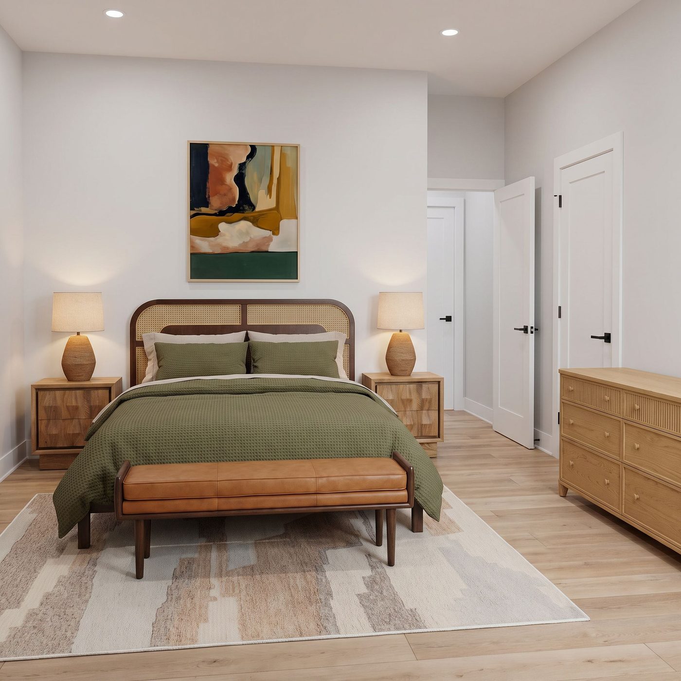 The same bedroom rendered with the pieces the designer selected
